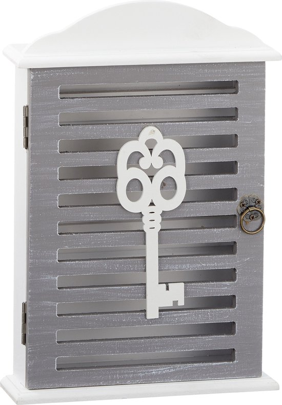 Cepewa Sleutelkastje van hout - Grijs/wit - 20 x 6 x 28 cm - voor 6 sleutels