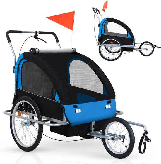 Jago® Kinderfietskar - Ø10mm Centrale Trekhaak, voor 2 Kinderen 12+ Maanden, 5-Punts Veiligheidsharnas, 40kg Max., Zwart&Blauw- Fietskar, Wandelwagen, Kinderwagen, 2-zits Jogger