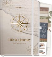 Reisdagboek om in te vullen JOURNEY met wereldkaart, poster, A5, ruimte voor 50 herinneringen om zelf te schrijven, reisdocumentatie en mindfulnessoefeningen
