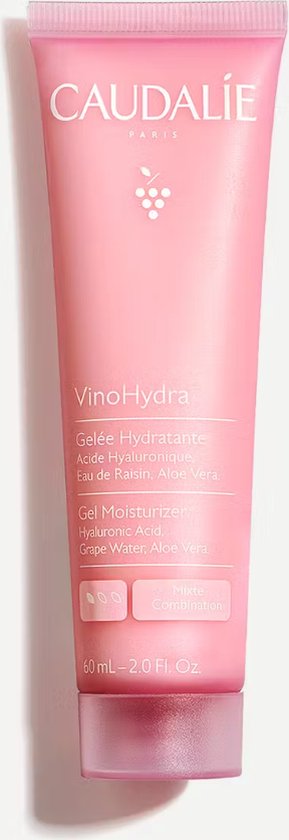 Caudalie Vinohydra Gel Moisturizer tube met druiven en tekst: 'Gelée Hydratante' en 'Hyaluronic Acid, Grape Water, Aloe Vera'.