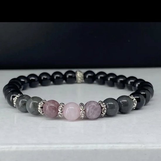 Armband - natuursteen - toermalijn - labradoriet - amethist - rosequartz - zilverkleurige elementen - 6 mm - 18,5 cm