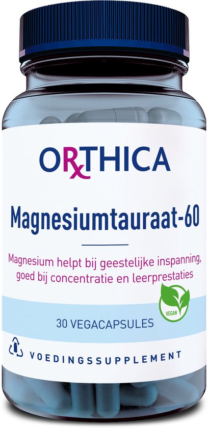 Orthica Magnesiumtauraat-60 fles met 30 vega capsules. Vegan. Goed voor geestelijke inspanning, concentratie.