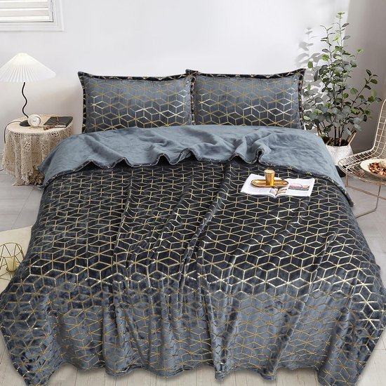 Parure couvre-lit Luxe - Set de 3 pièces - Couvre-lit 200x230 - Kussensloop 2x 50x70 - Grijs à carreaux dorés