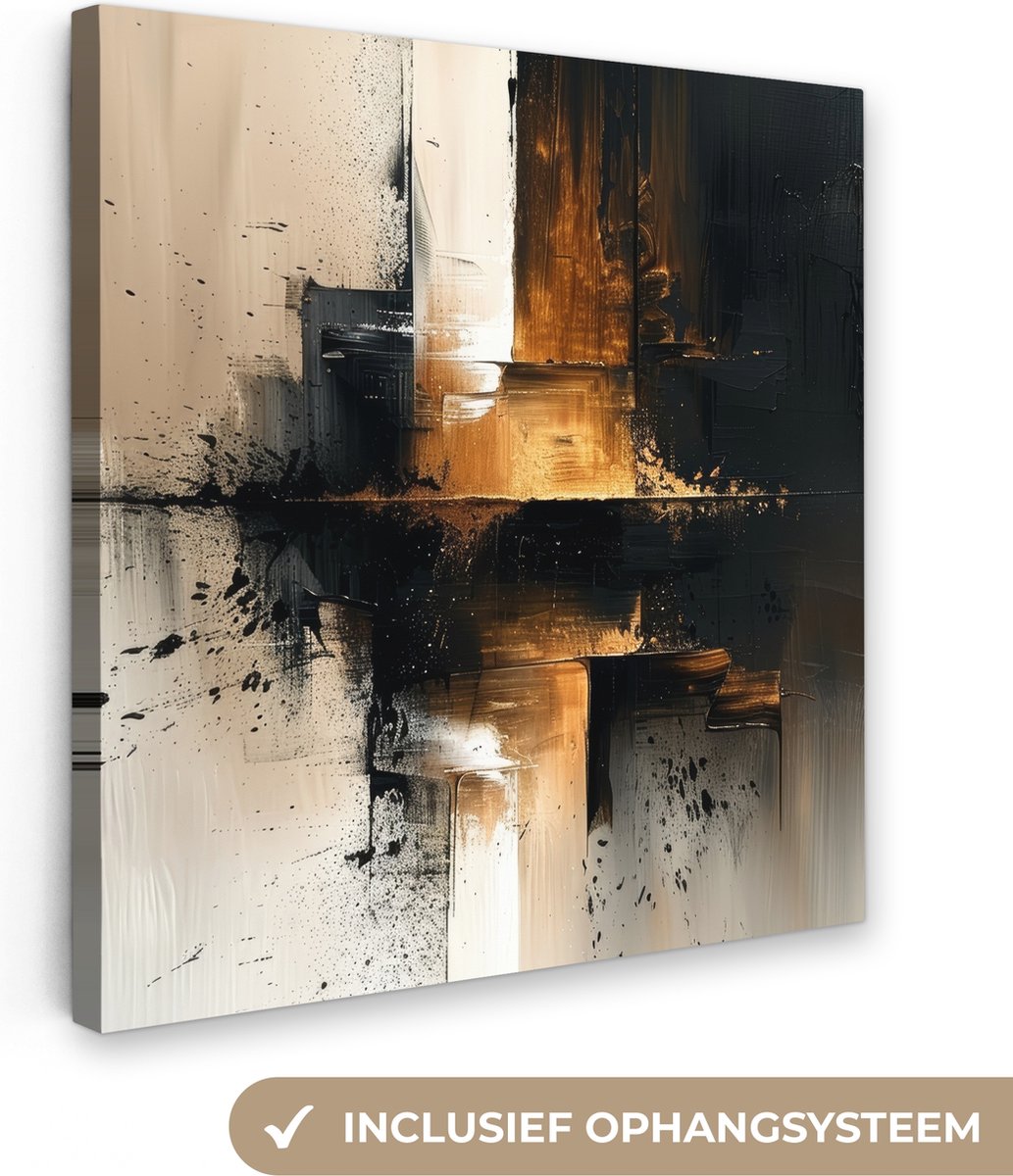 Canvas schilderij 90x90 cm - Wanddecoratie Modern - Zwart - Verf - Goud - Muurdecoratie wo