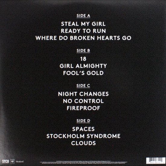 De achterkant van de 'Four' vinylplaat met de tracklist verdeeld over Side A, B, C en D.