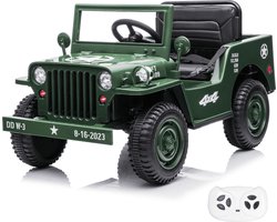 Willys Legerjeep Elektrische Kinderauto 1 tot 6 jaar – Klassiek Militair Accuvoertuig met Lederen Zitje & Schokdempers – 12V Kinderauto met Afstandsbediening, Bluetooth & Inclusief Schup – Groen