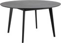 Een ronde, zwarte eettafel met vier poten, staand op een witte achtergrond.