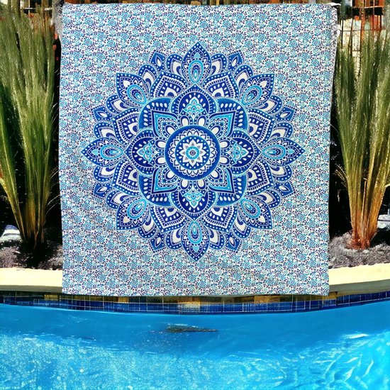 Wandkleed - mandala - wanddoek - wanddecoratie - Blauw/wit - wand tapijt - 220x210 - Duurzaam katoen