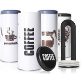 4x koffiepadbox en 1x padlifter - metalen blikje voor koffiepads - decoratief blikje met deksel in vintage design - opbergbakje voor koffie, thee, koekjes (5-delige set - wit/paars/zwart)