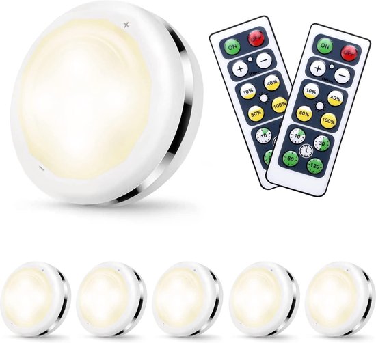 Set van 6 draadloze LED nachtlampjes voor kledingkasten - Warm wit - Werkt op batterijen - Afstandsbediening - Instelbare helderheid - Garderobetimer