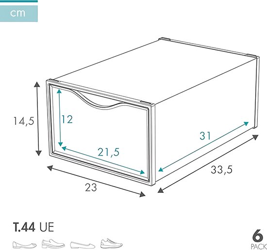 AKTIVE Max Home 16548 Schoenendozen van kunststof, 6 stuks, 23 x 33,5 x 14,5 cm, stapelbaar, kantelbestendig, tot T.44, transparant, schoenendoos