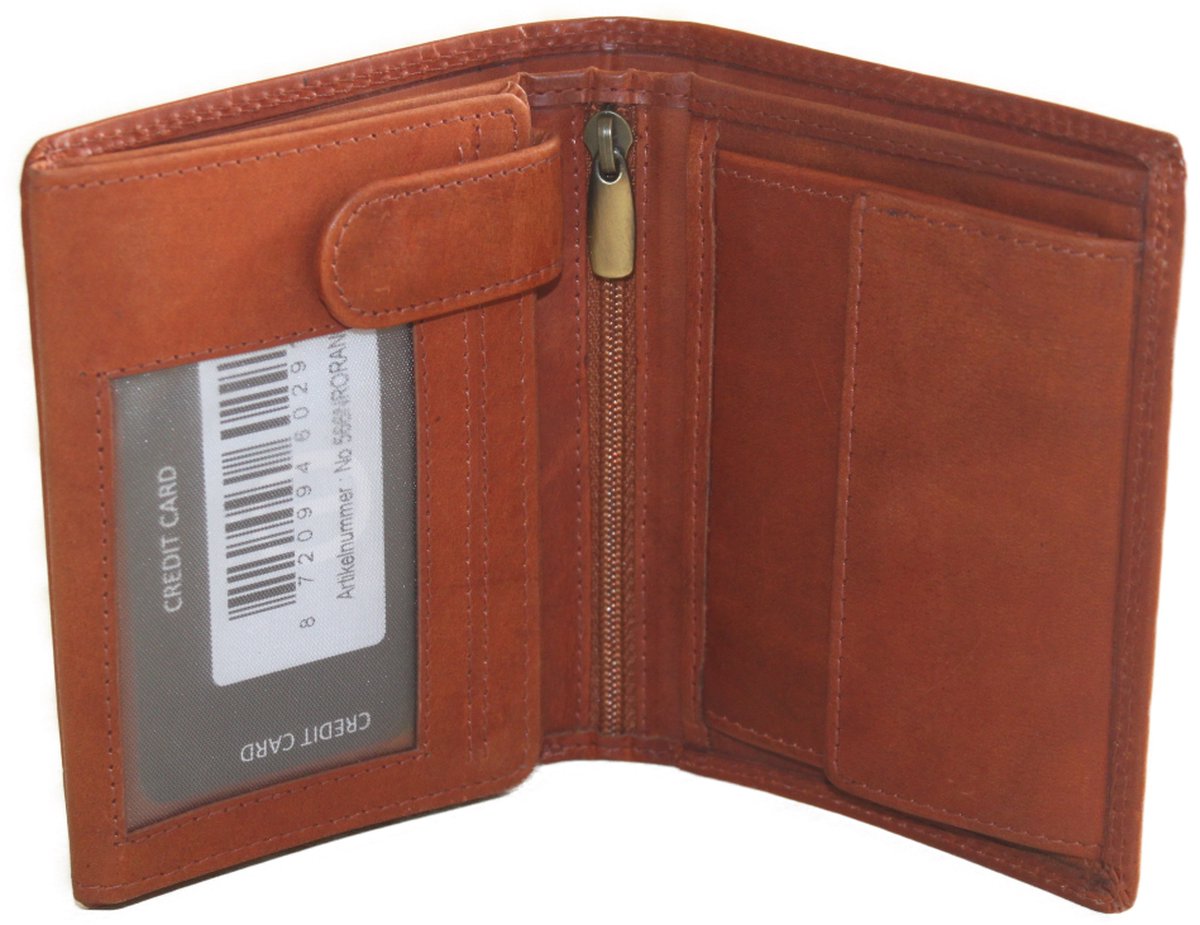 Oi retro oranje- cognackleurige lederen herenportemonnee / hoog model billfold met 2 grote zichtvakken / herenbeurs voor veel pasjes met lipje binnenin / anti skim / retro camelkleurig leer / 566Orange NR