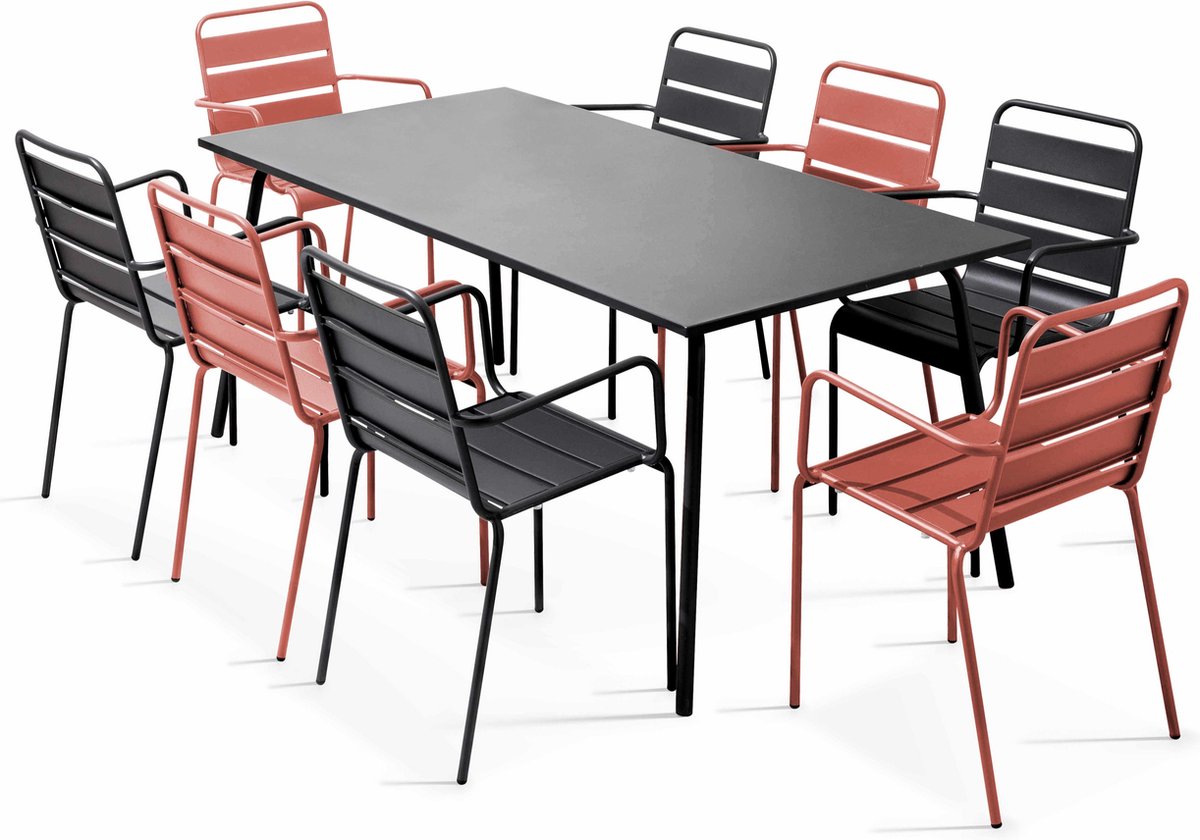Oviala - Tuinset met tafel en 8 fauteuils van klei- en grijsgrijs metaal - Palavas