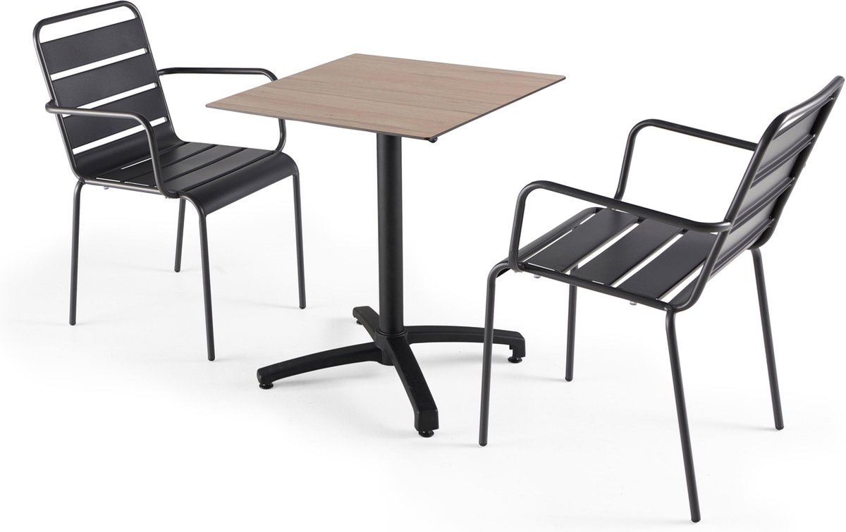 Oviala eiken tuinmeubelset met 2 grijze Palavas fauteuils.