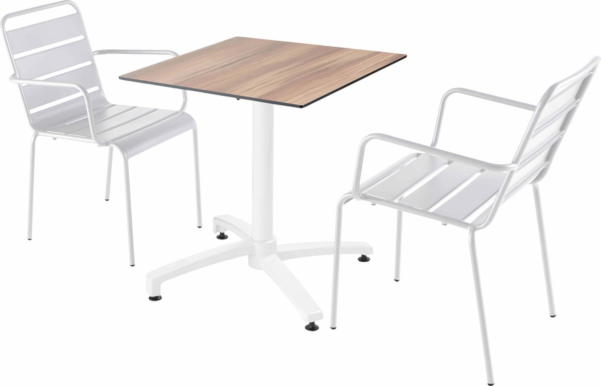 Oviala - Set tuintafel met donker eikenfineer en 2 witte fauteuils