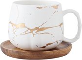 Koffiemok, theebeker, keramische beker, gouden design met houten schotel (wit)