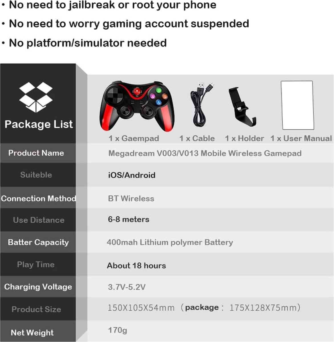 Megadream Wireless Game Controller für iPhone, MFi Bluetooth Mobile Gamepad Joystick für iOS/Android, für iPhone15/14/13 Pro/12/11/Samung Galaxy, OPPO, Oneplus, Huawei, Direct Play (Blcak Megadream Wireless Game Controller für iPhone, MFi Bluetooth Mobile Gamepad Joystick für iOS/Android, für iPhone15/14/13 Pro/12/11/Samung Galaxy, OPPO, Oneplus, Huawei, Direct Play (Blcak