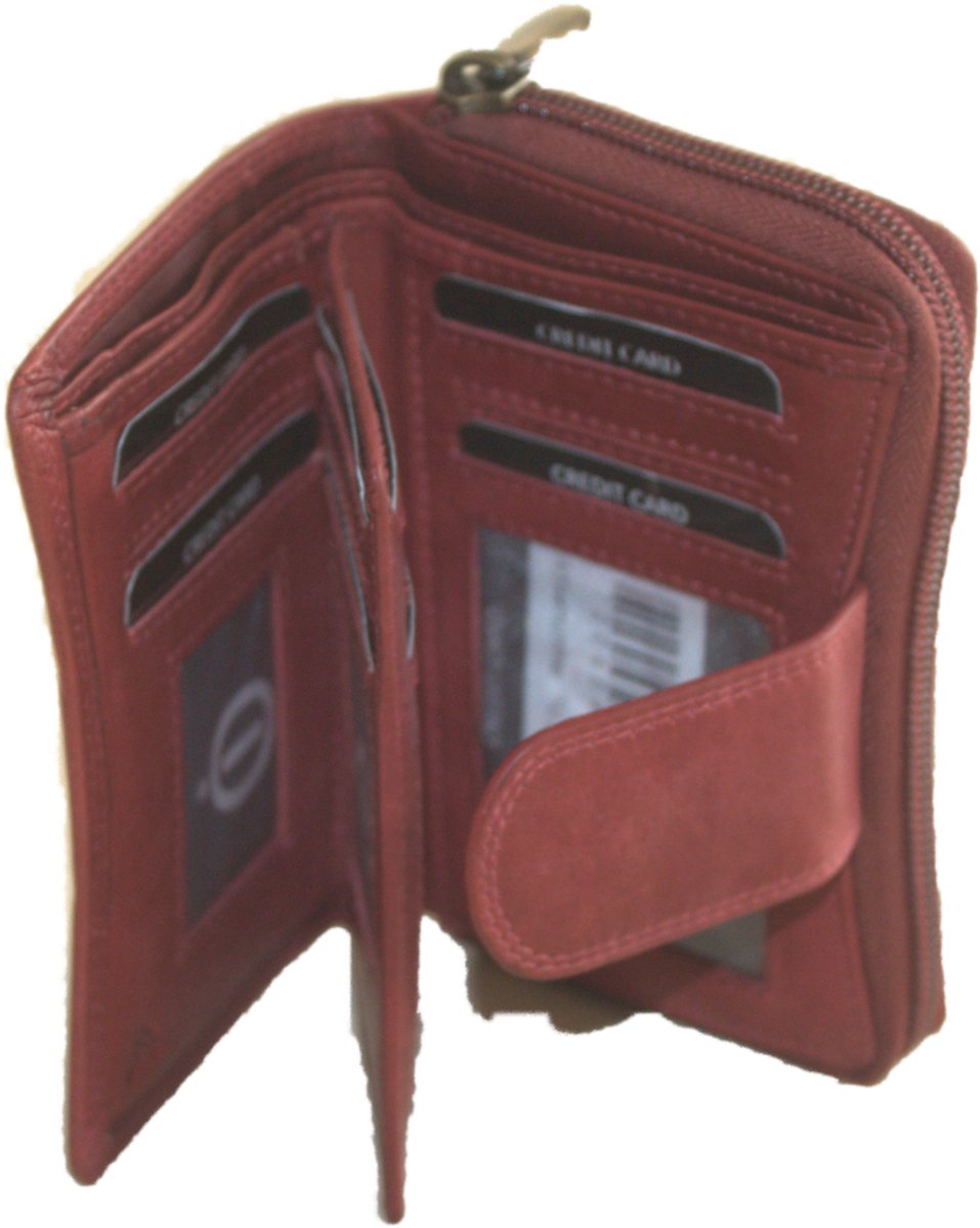 OI rode leren ritsportemonnee / damesportemonnee voor veel pasjes tevens afsluitbaar / damesbeurs voor 12 creditcards / anti skim / bordeaux rood leder / 218Red