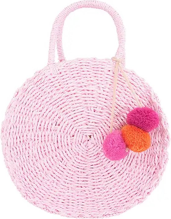 Roze Ronde Rieten Tas PomPoms - Rieten Tassen - Schoudertassen - Strandtassen - Beige & Witte Pompoms - Roze