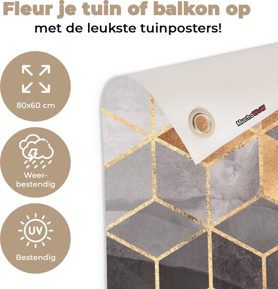 Tableau jardin Abstrait - Cube - Goud - Motifs - Zwart - Wit - 80x60 cm - Affiche jardin - Toile jardin - Affiche extérieur