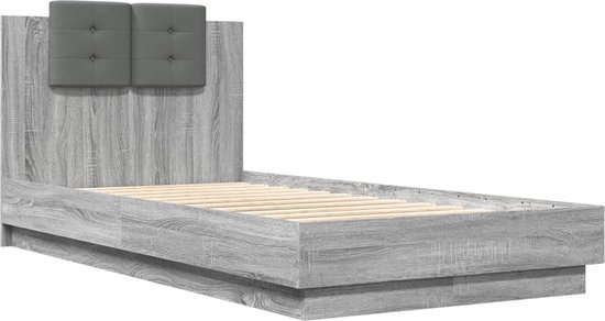 vidaXL - Bedframe - met - hoofdbord - bewerkt - hout - grijs - sonoma - 75x190 - cm