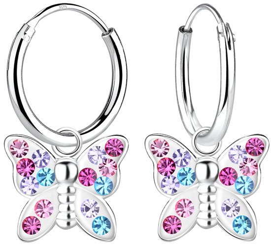 Joy|S - Zilveren vlinder bedel oorbellen - oorringen - met verschillende kleurtjes kristal (multicolor) - voor kinderen