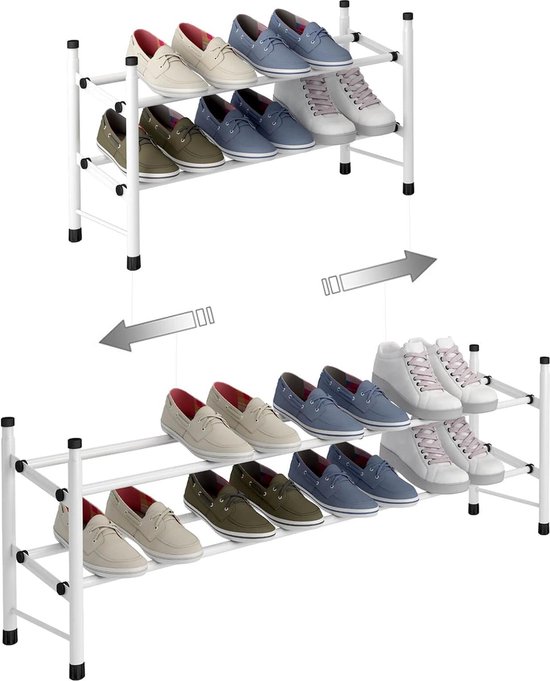 Uitschuifbaar schoenenrek met 2 lagen voor het opbergen van maximaal 12 paar schoenen, verstelbaar stapelbaar schoenenrek opbergruimte voor gang, 62 ~ 114 x 22 x 35 cm (wit, 2 planken)