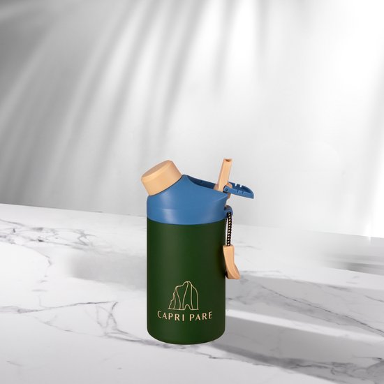 CAPRI PARE Waterfles - 350ml - RVS - Kinderfles - Groen/Blauw - Dubbelwandig - Lekvrij - Met magnetische dop - Waterfles met drinktuit + rietje – BPA-vrij – Waterfles voor kinderen - Insulated - Drinkflessen - Waterflessen - Geïsoleerd