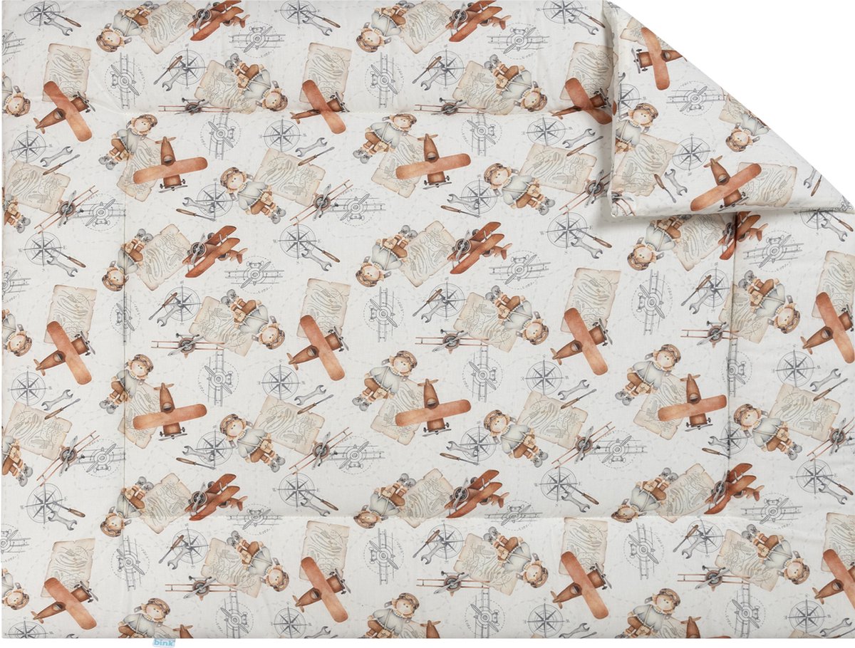 BINK Bedding Boxkleed Raf 71 x 122 cm - vulling fiberfill 400 grams - tweeling - handige piloot - vliegtuig - wereldreiziger - speelkleed - ecru - oranje - terra - bruin - grijs