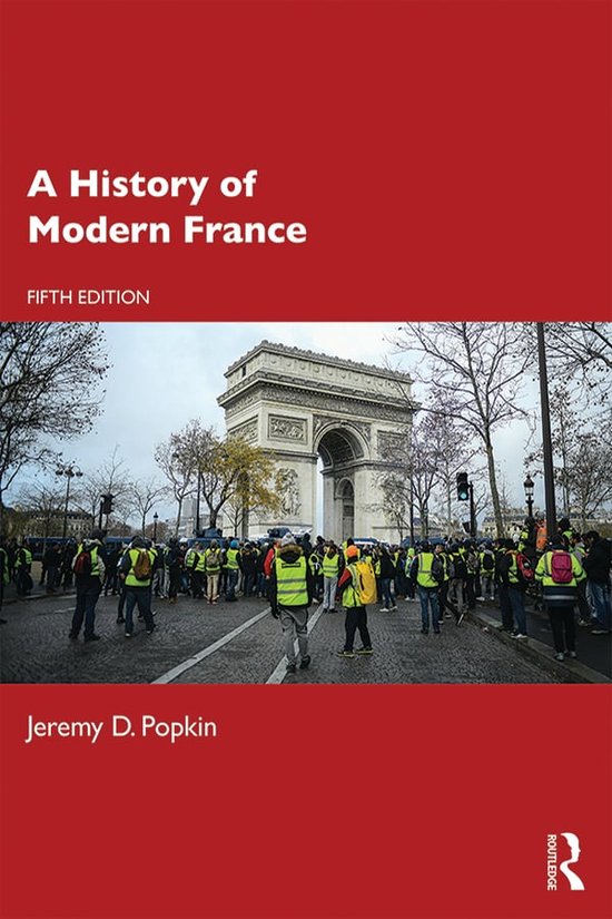 Couverture de livre intitulée 'A History of Modern France' avec une photo de l'Arc de Triomphe et une foule portant des gilets jaunes.