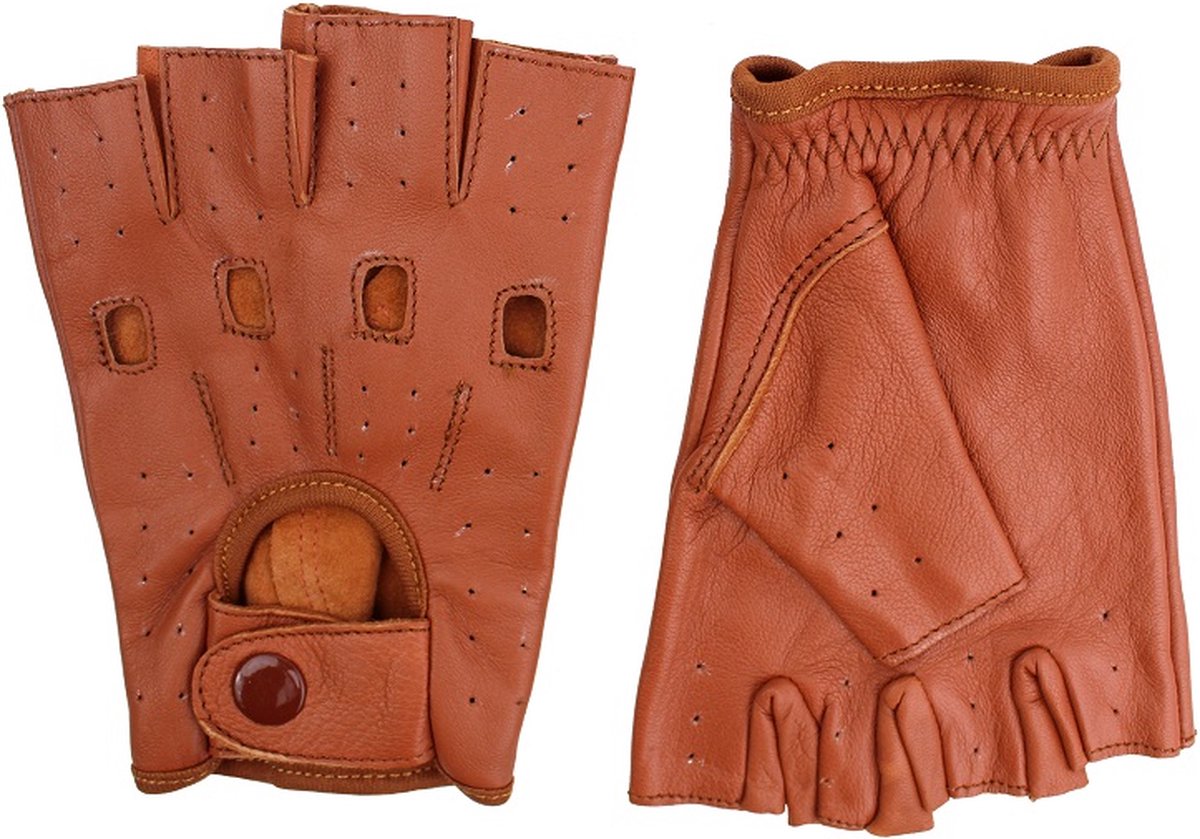 Bruine vingerloze Leren Handschoenen - 100% Lamsleder - Exclusieve Autohandschoenen - Race Handschoenen - Maat S