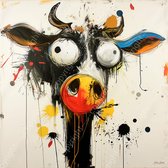 JJ-Art (Glas) 100x100 | Grappige koe met bolle ogen, Joan Miro stijl, abstract | kunst, dier, vierkant, stier, bruin, zwart, oranje, blauw, geel, wit, woonkamer, modern | Foto-schilderij-glasschilderij-acrylglas-acrylaat-wanddecoratie