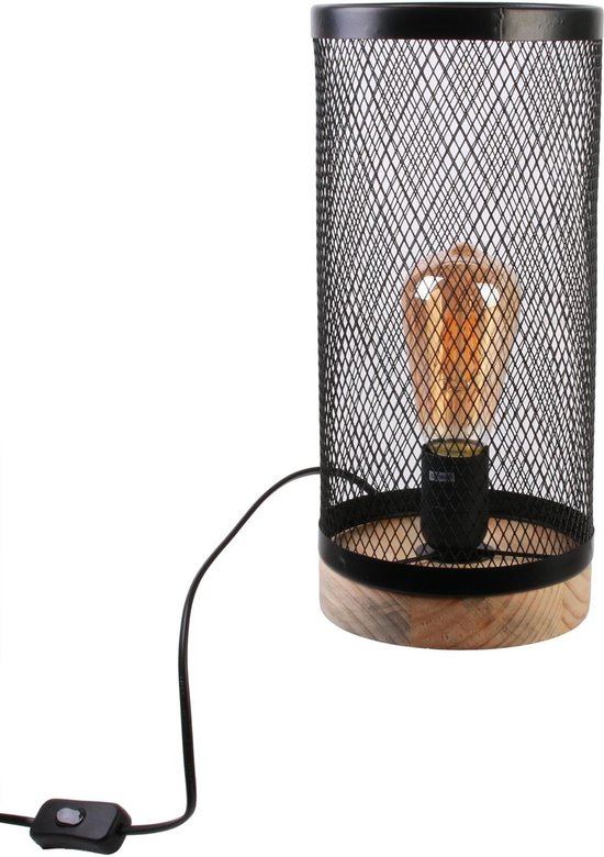 Home Deco - LED lamp - Voor nachtkastje - houten voet met zwart gaas