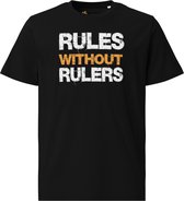 Rules Without Rulers - Unisex - 100% Biologisch Katoen - Kleur Zwart - Maat L | Bitcoin cadeau| Crypto cadeau| Bitcoin T-shirt| Crypto T-shirt| Crypto Shirt| Bitcoin Shirt| Bitcoin Merch| Crypto Merch| Bitcoin Kleding