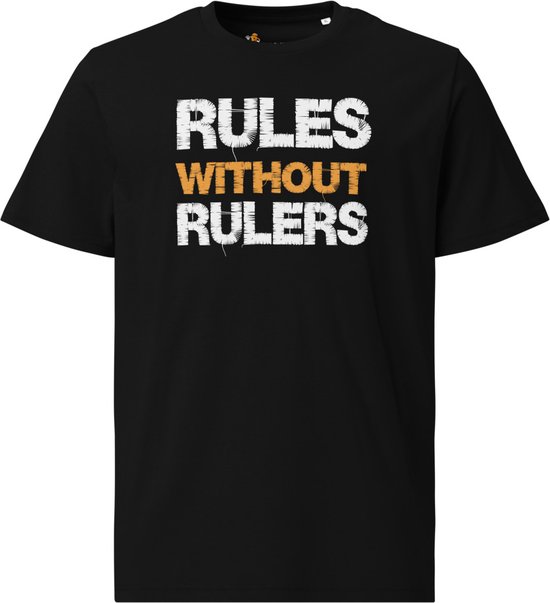 Rules Without Rulers - Unisex - 100% Biologisch Katoen - Kleur Zwart - Maat L | Bitcoin cadeau| Crypto cadeau| Bitcoin T-shirt| Crypto T-shirt| Crypto Shirt| Bitcoin Shirt| Bitcoin Merch| Crypto Merch| Bitcoin Kleding