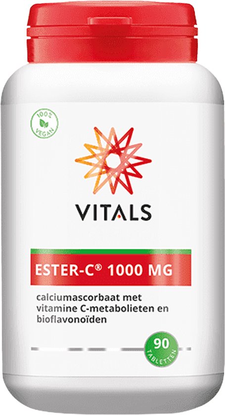 Witte pot met rode dop, Vitals Ester-C 1000 mg. 90 tabletten. 100% vegan.