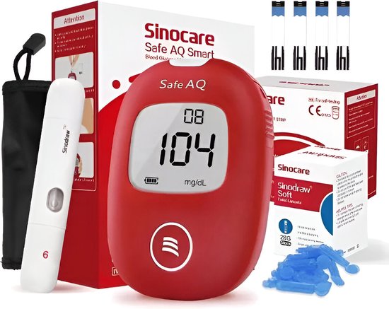 Sinocare® Glucosemeter - Bloedsuikermeter - Startpakket - Glucose revolutie - Glucosemeter - Glucomètres- Startpakket - Alles in één set - Inclusief GRATIS 25 Teststrips & Lancettes - Inclusief Hoesje - mmol/l - mg/dl