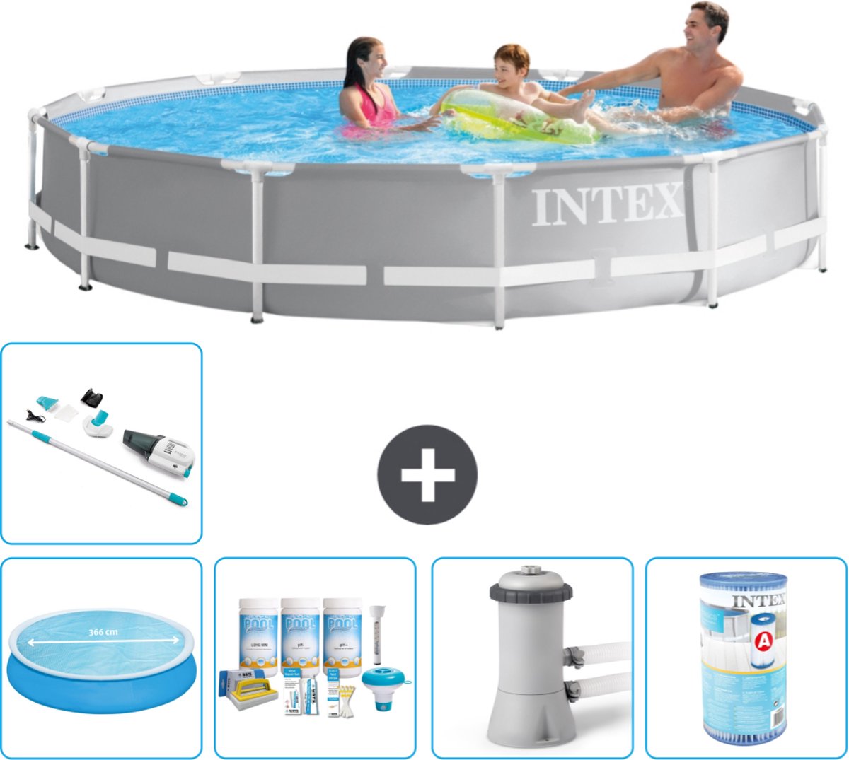 Intex Prism Frame Intex Rond Prism Frame Zwembad 366 x 76 cm Grijs Inclusief Solarzeil Onderhoudspakket Zwembadfilterpomp Filter Stofzuiger