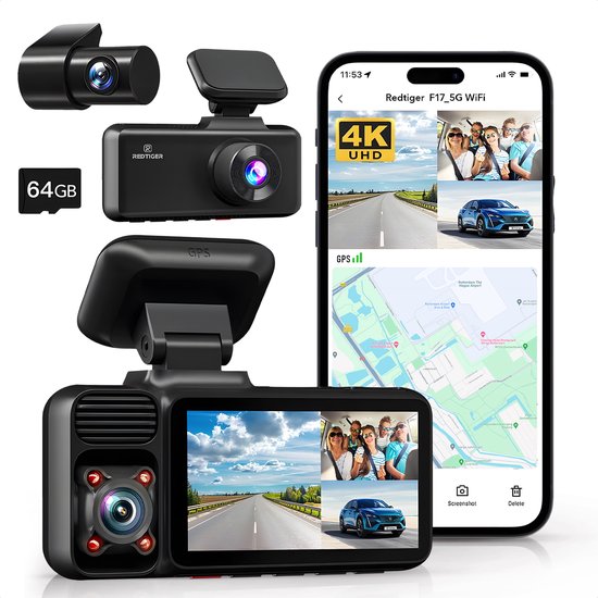 Foto: Redtiger f17 dashcam voor auto ultra 4k 1080p 1080p voor en achter camera binnenkant camera 2024 model wifi en gps 3 0 inch met app sony sensor dashcams parkeerbewaking g sensor loop opname fullhd achter en binnen camera 