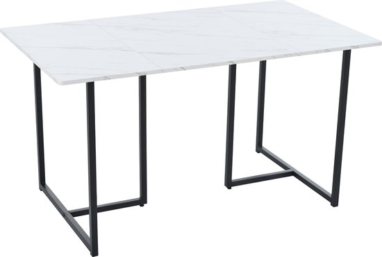 Merax Moderne Eettafel - 140 x 80 x 75 cm Keukentafel in Marmerpatroon - Verstelbare Poten - MDF Tafelblad - Metalen Frame - Wit met Zwart