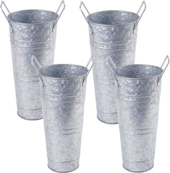 Set van 4 gegalvaniseerde metalen vazen, H: 26 cm, Franse metalen vaas met handgrepen, rustieke metalen bloemenhouder, voor thuis en bruiloft tafeldecoratie (zilver)