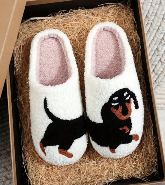 Teckel hond sloffen pantoffels wit slippers teckelprint maat 36 37 bol