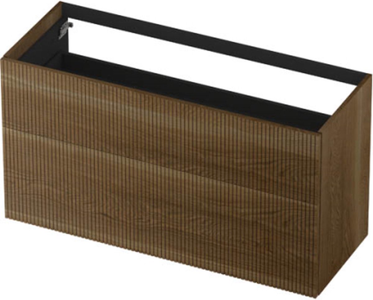 INK wastafelonderkast 2 laden greeploos push to open echt hout verticaal gefreesd 120x45x65cm, massief eiken ash grey