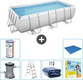 Piscine Rectangulaire Bestway Power Steel - 404 x 201 x 100 - Grijs - Pompe Incluse - Ladder Solaire Échelle - Forfait Entretien - Filtre - Tapis de Sol