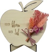 Tekstbord APPEL droogbloemen JUF | roze | 14 cm | liefste juf | einde schooljaar | cadeau | topjuf | de liefste ben jij