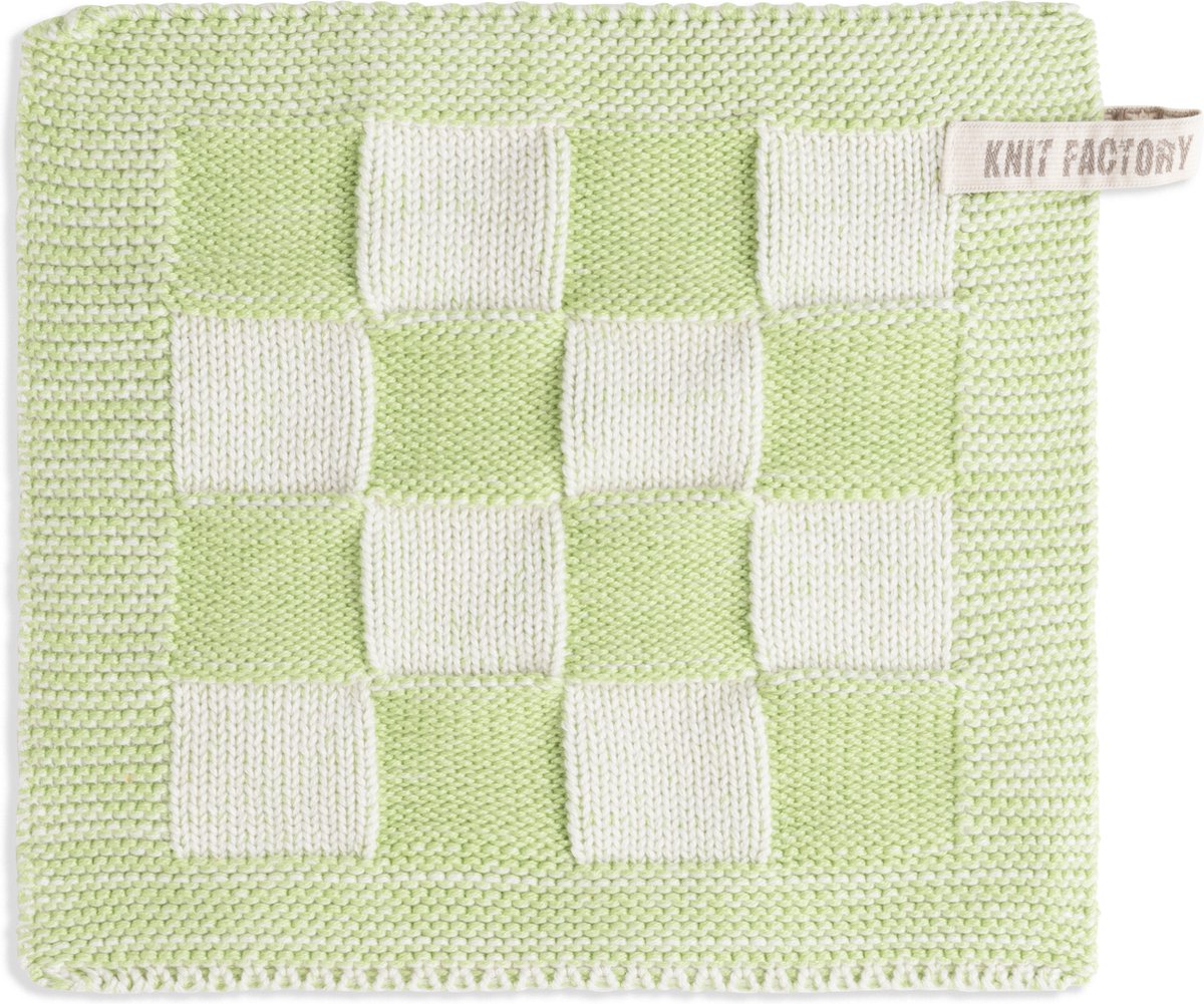 Knit Factory Gebreide Pannenlap Block - Pannenlappen gemaakt van 50% katoen & 50% acryl - Blokken motief - Traditionele look - 1 stuk - Ecru/Spring Green - Lichtgroen - 23x23 cm