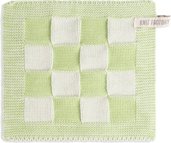 Knit Factory Manique en tricot - Maniques en 50 % coton et 50 % acrylique - Motif Blocs - Look traditionnel - 1 pièce - Écru/Vert printanier - 23 x 23 cm
