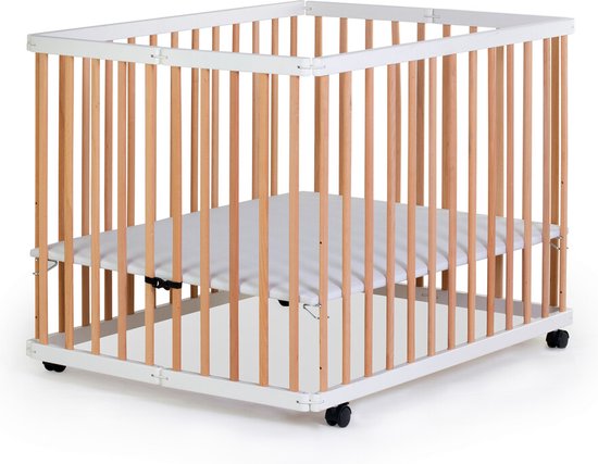 Geuther Leon Baby Box, Opvouwbare Playpen - Inklapbaar Babybedje - Kinderbox op wieltjes - Bodem Verstelbaar in 3 hoogtes - 110x80 cm - Naturel/Wit