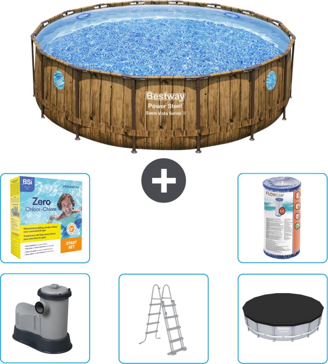 Bestway Rond Power Steel Swim Vista Zwembad - Houtprint - 488 x 122 - Inclusief Pomp - Ladder - Afdekzeil Onderhoudspakket - Filter