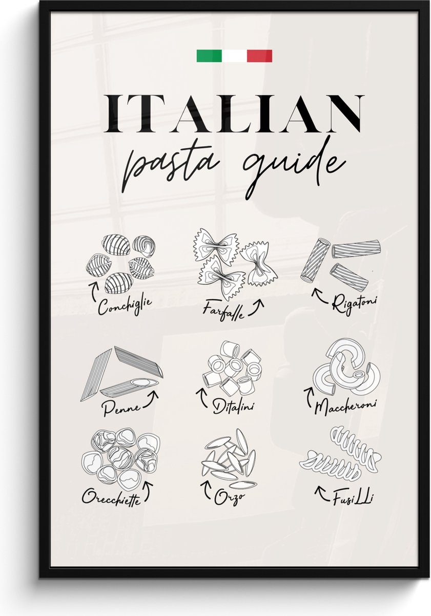 FrameYourWall Fotolijst inclusief poster - Posterlijst 80x120 cm - Posters - Pasta soorten - Italië - Eten - Eetkamer - Foto in lijst - Keuken decoratie muur - Wanddecoratie accessoires - Muurdecoratie - Schilderijen Pasta - Overzicht